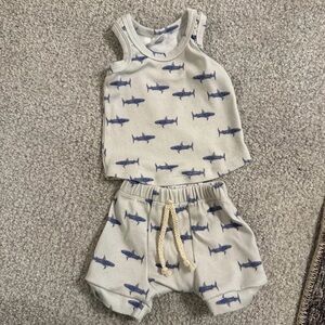 Kids Shark Print Matching Set - Blue and Cream
